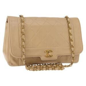 CHANEL Matelasse Chain Shoulder Bag Lamb Skin Beige Gold CC Auth BA7295